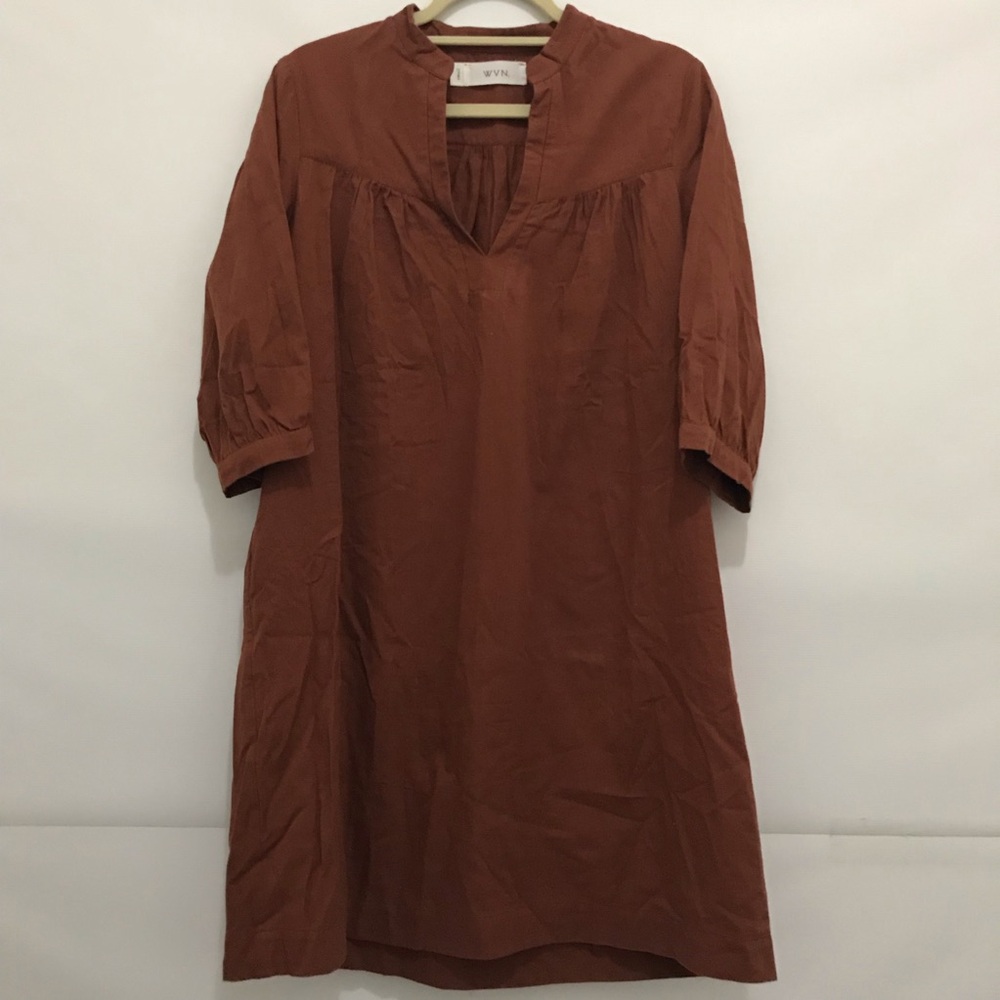 WVN Rust Brown Split-Neck Shift Dress Organic Cotton Size S